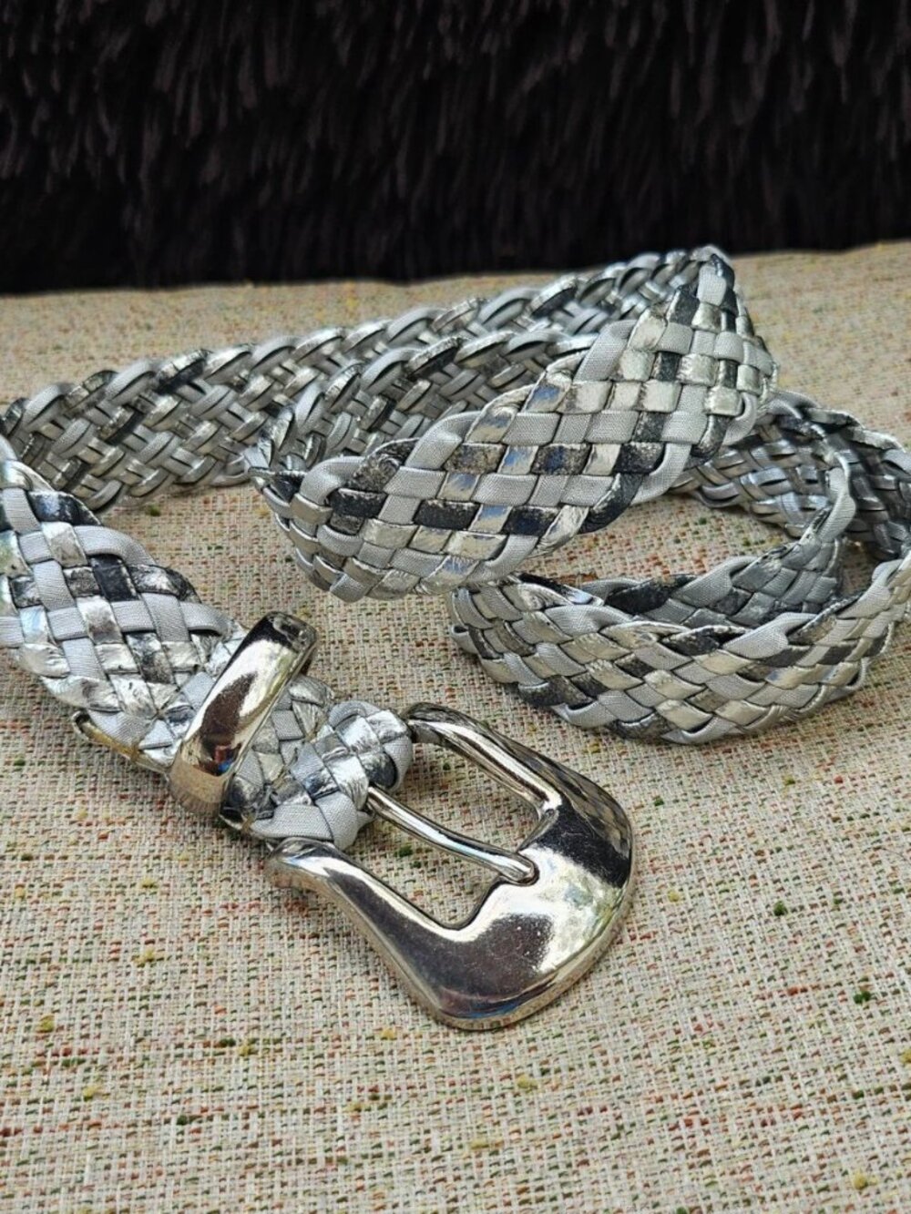 Vintage Belt Silver/Gray Leather Braided Women Waistband Silver Tone Buckle 28in